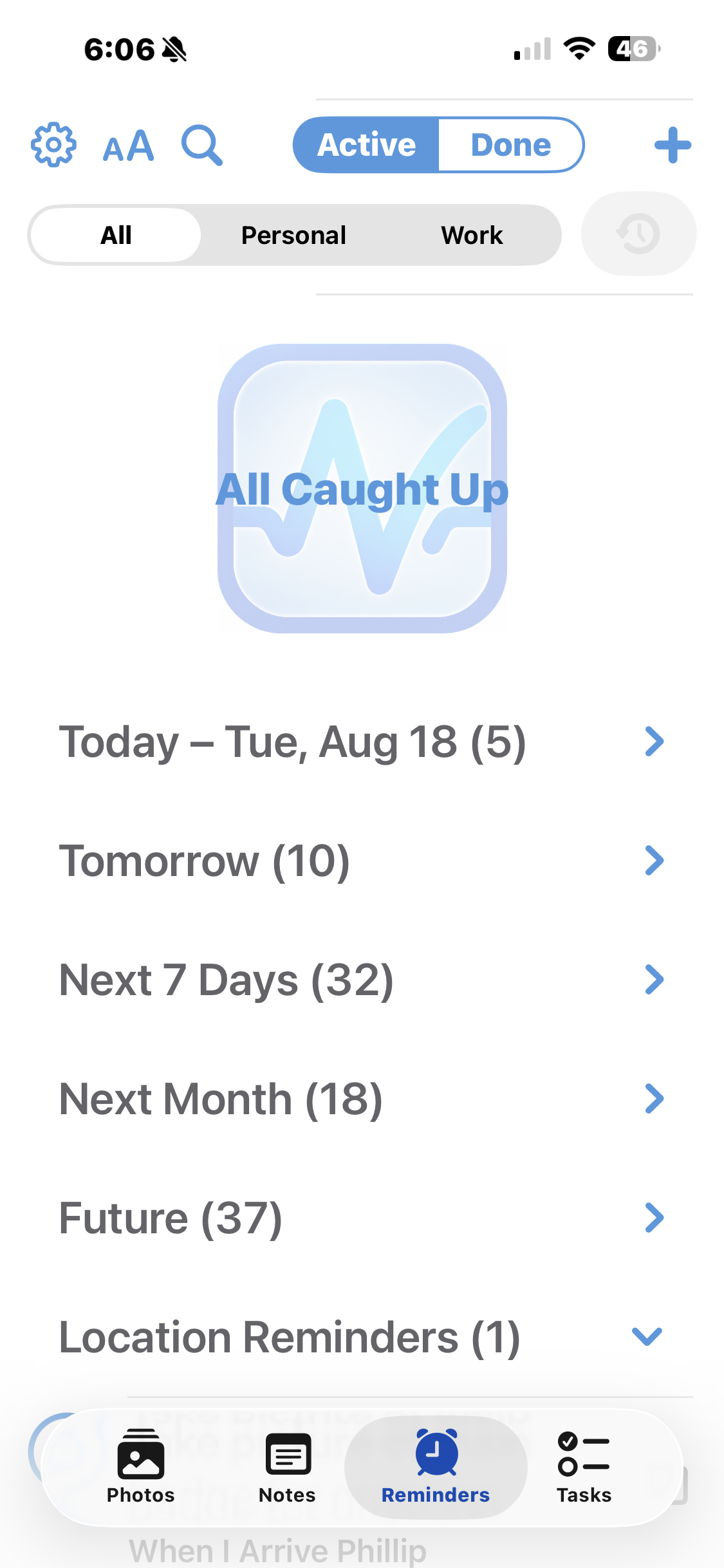 Across the Day reminder overview showing upcoming time ranges