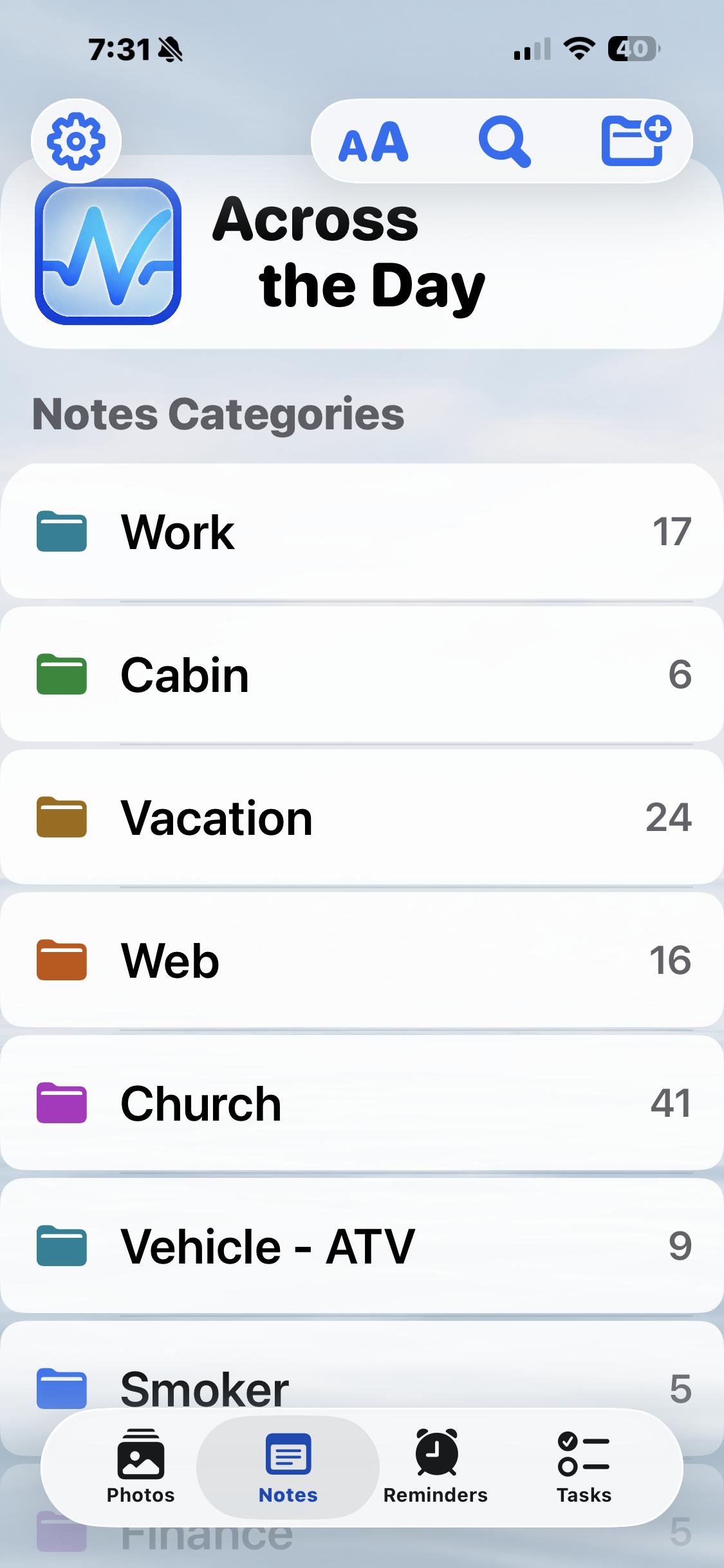 Across the Day notes screen