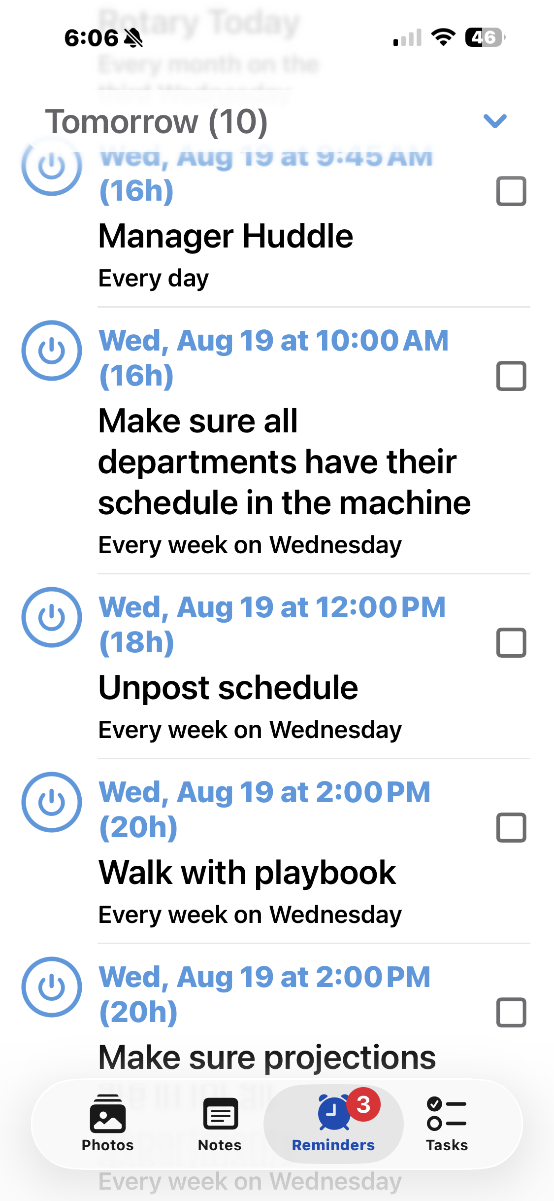 Across the Day scheduled reminders for tomorrow