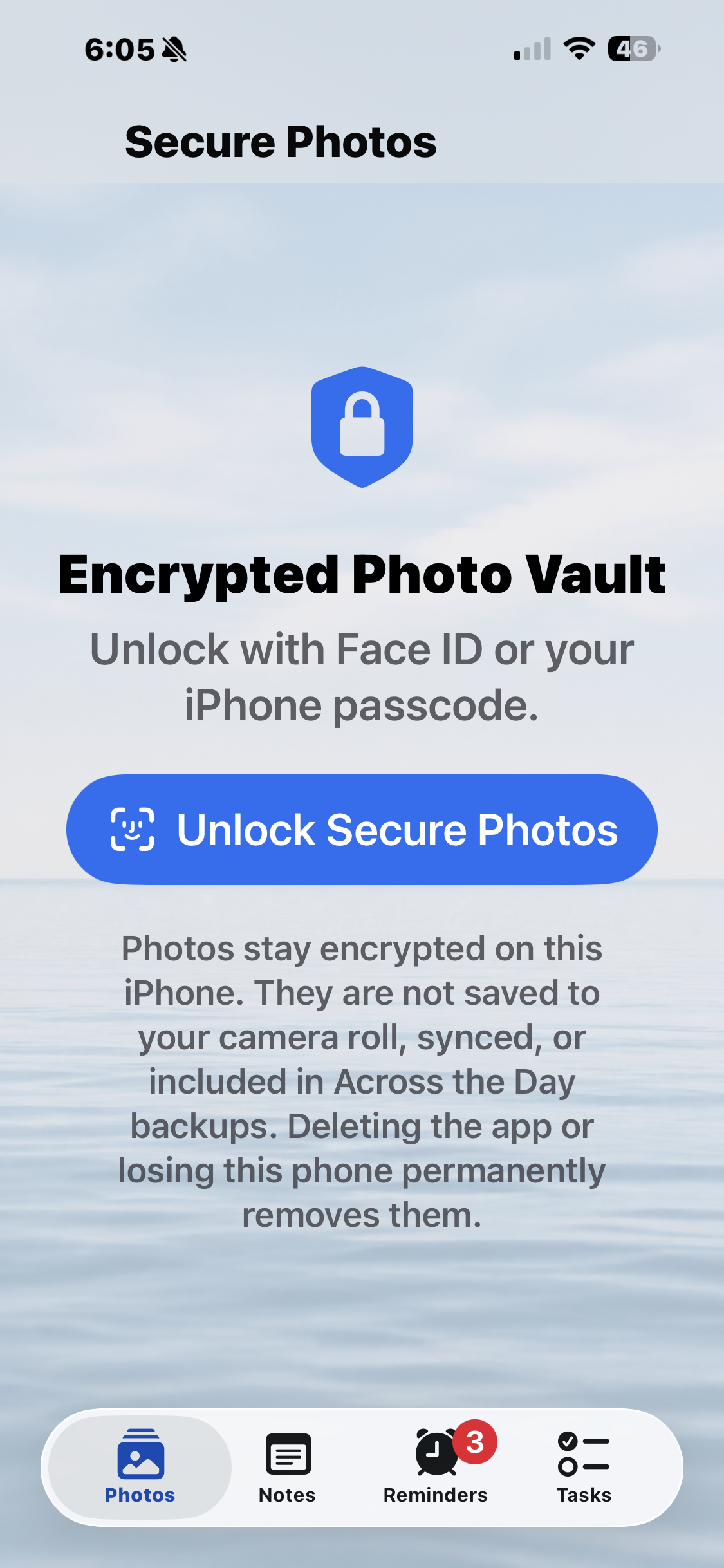 Across the Day encrypted photo vault unlock screen