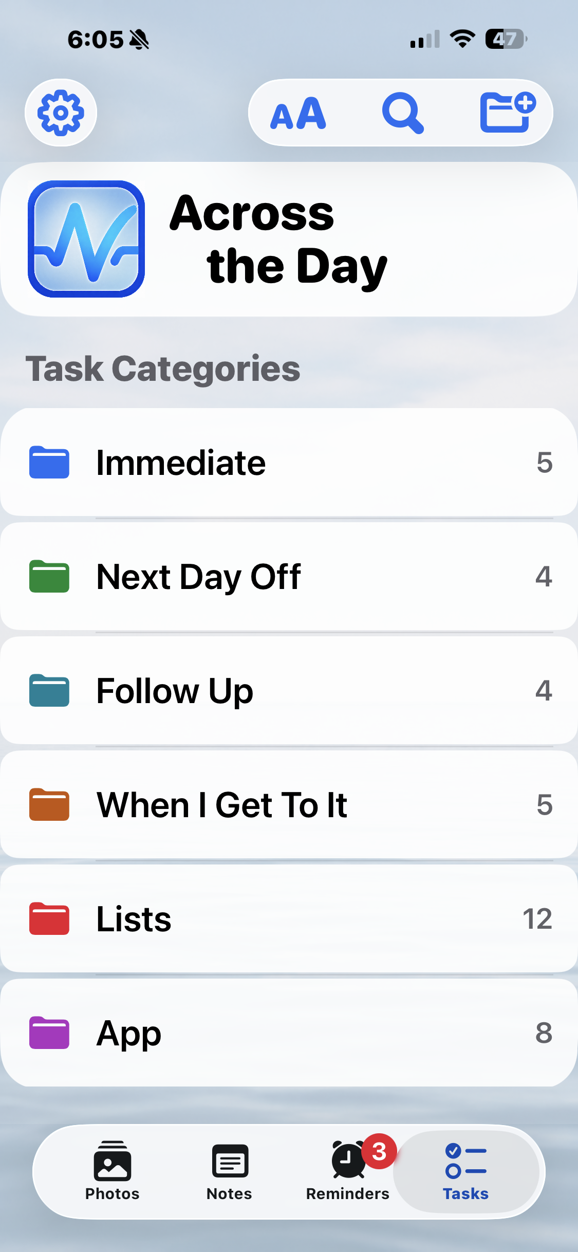 Across the Day tasks screen